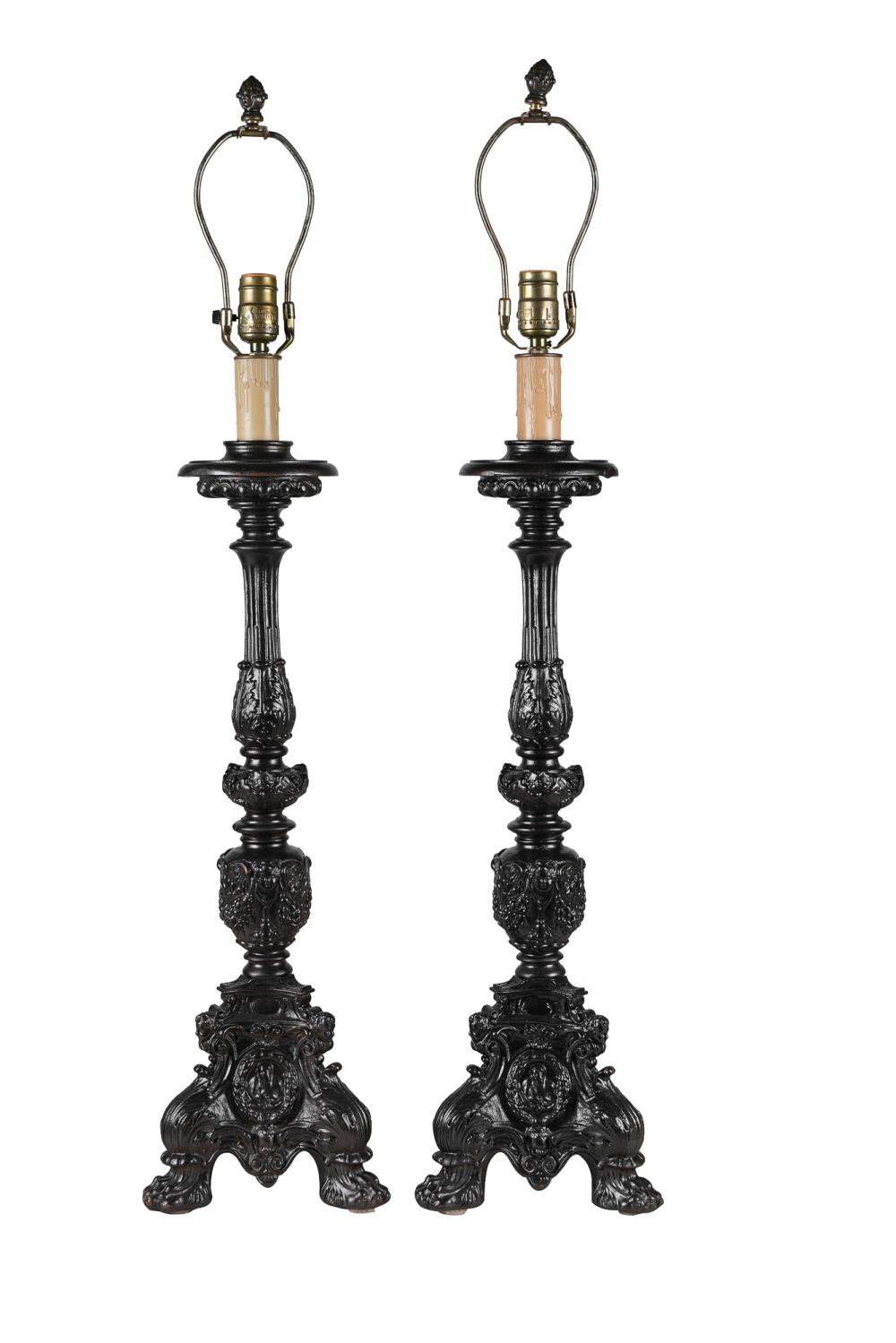 Appraisal: PAIR OF PAINTED METAL CANDLESTICK TABLE LAMPScontemporary to top of