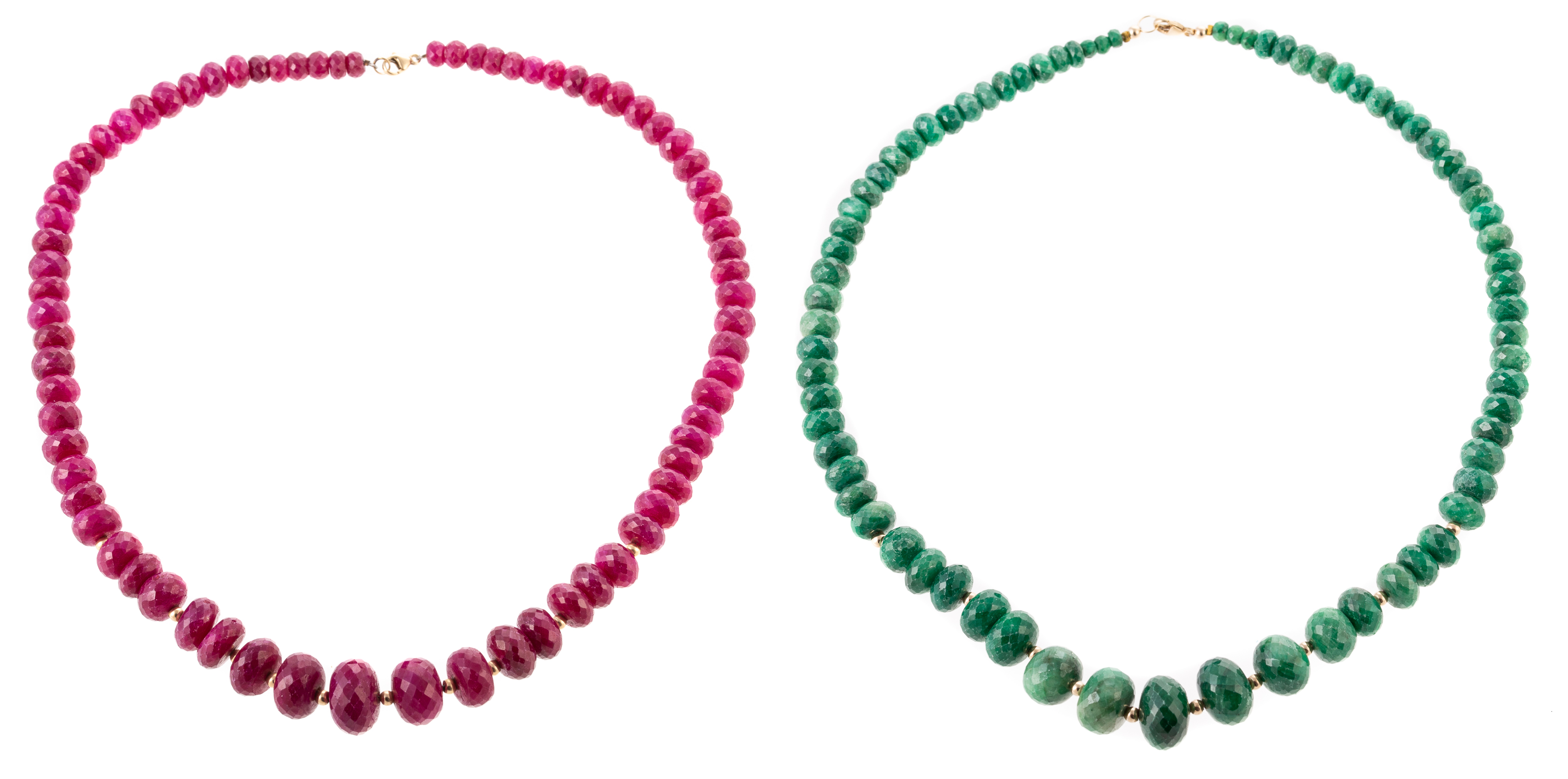 Appraisal: A PAIR OF RUBY EMERALD BEAD NECKLACES Graduated faceted emerald