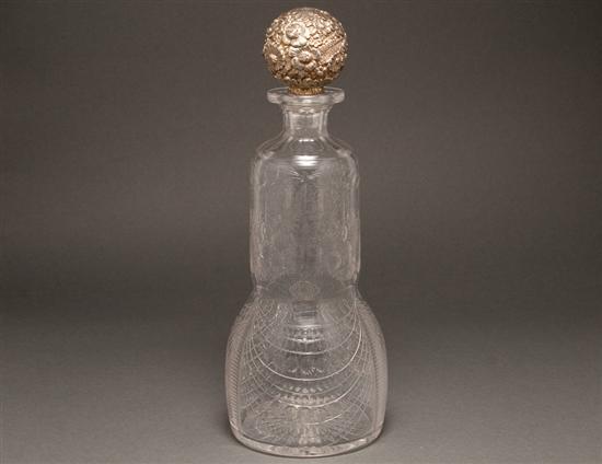 Appraisal: Edwardian Neoclassical style engraved cut glass decanter with repousse silver