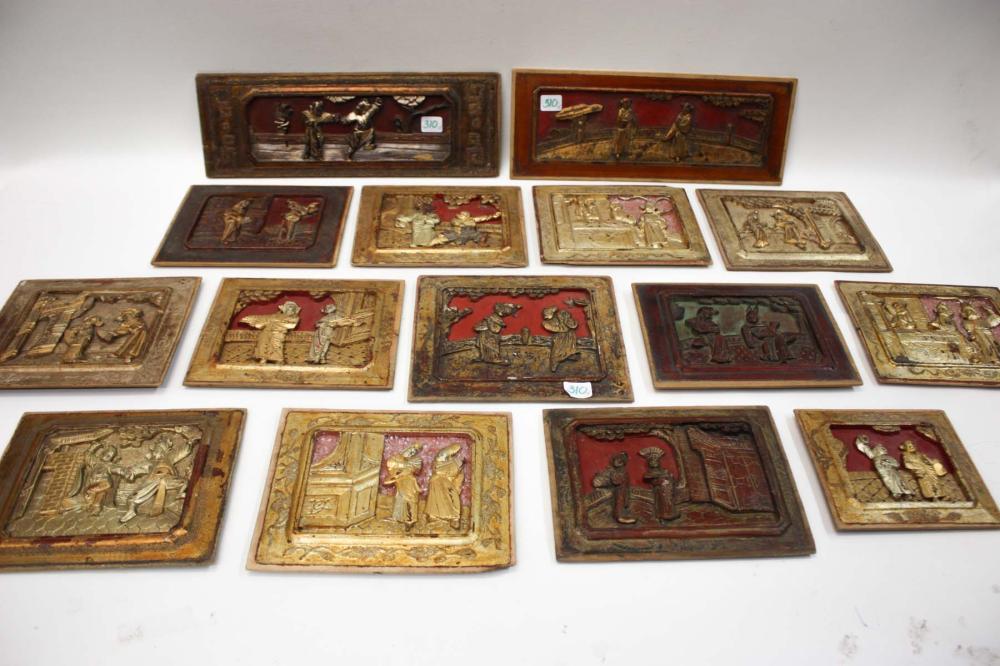 Appraisal: FIFTEEN CHINESE CARVED AND PAINTED WOOD PANELS various forms and