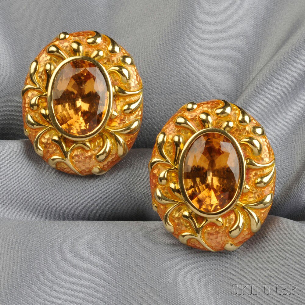 Appraisal: kt Gold Hessonite and Enamel Earclips Elizabeth Gage each bezel-set