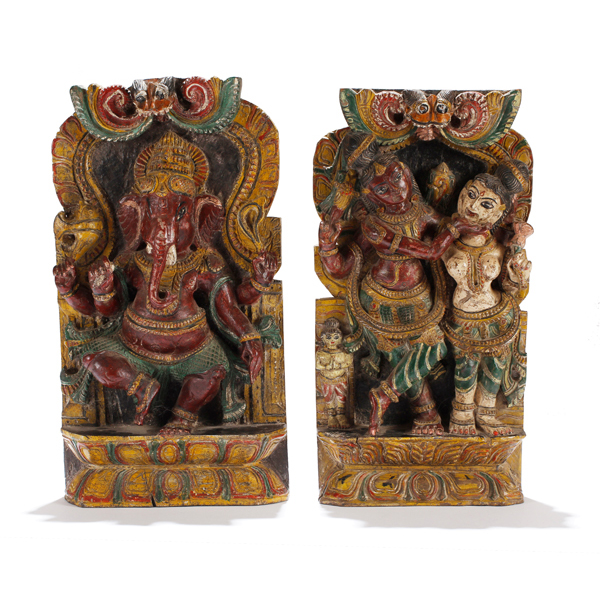 Appraisal: Pair Hindu high relief polychromed wood carvings depicting religious deities