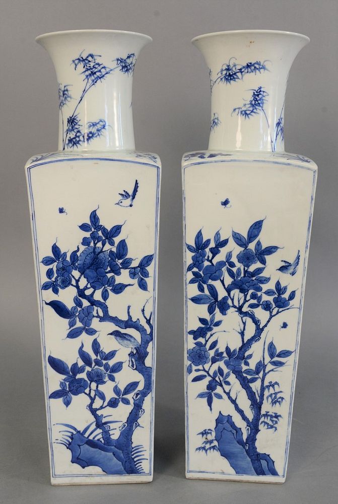 Appraisal: Pair of blue and white vases square form with painted