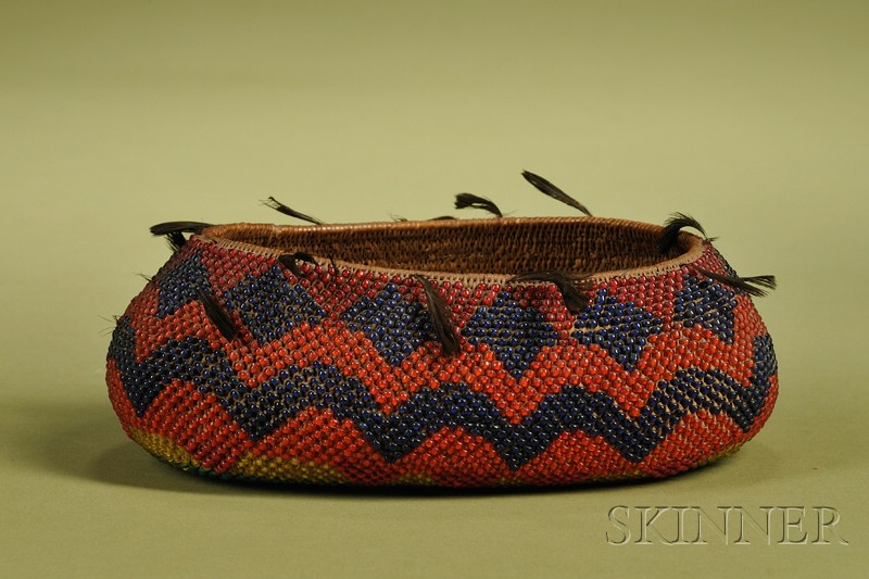 Appraisal: Small Pomo Beadwork and Feather Basketry Bowl first quarter th