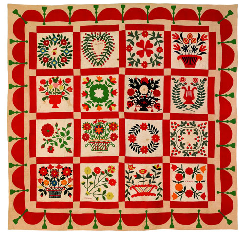 Appraisal: Vibrant Baltimore Album or Bachelor's quilt dated with sixteen floral