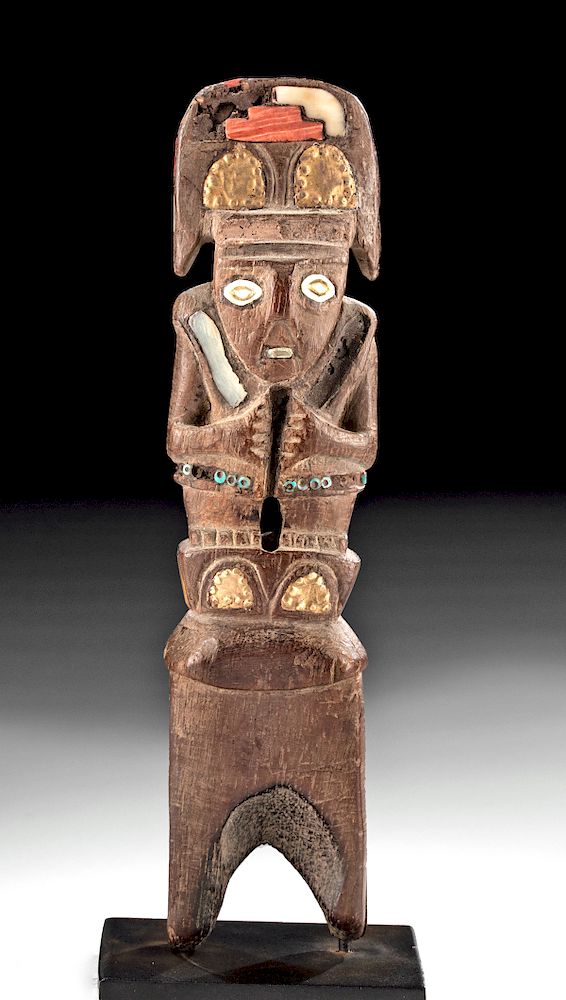 Appraisal: Chimu Wood Figure w Gold Spondylus Nacre Turquoise Pre-Columbian North