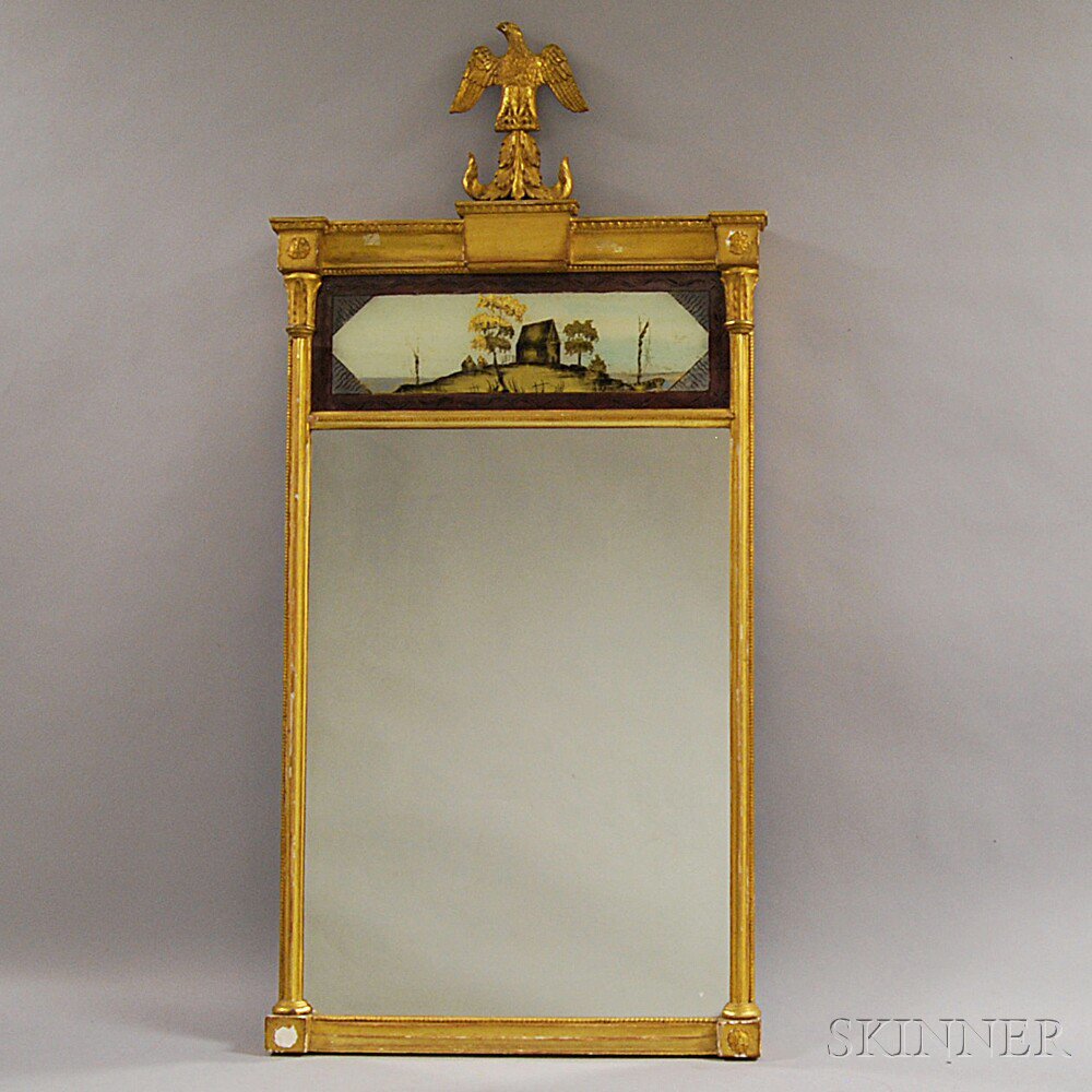 Appraisal: Federal Carved and Gilt-gesso Eglomise-panel Mirror early th century the