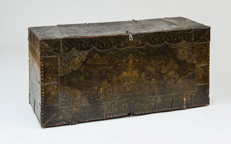 Appraisal: KOREAN METAL-MOUNTED PAINTED LACQUER AND PARCEL-GILT TRUNK The hinged top