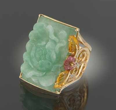 Appraisal: A Carved Jadeite Ring and Citrine Ring k yellow gold