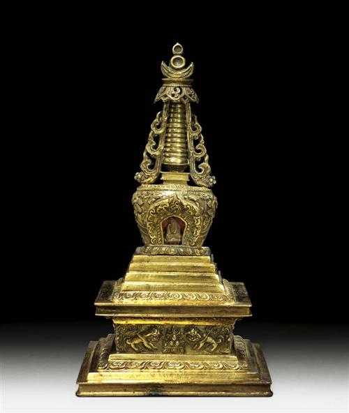 Appraisal: FINE STUPA Tibet th century H cm Gilt copper