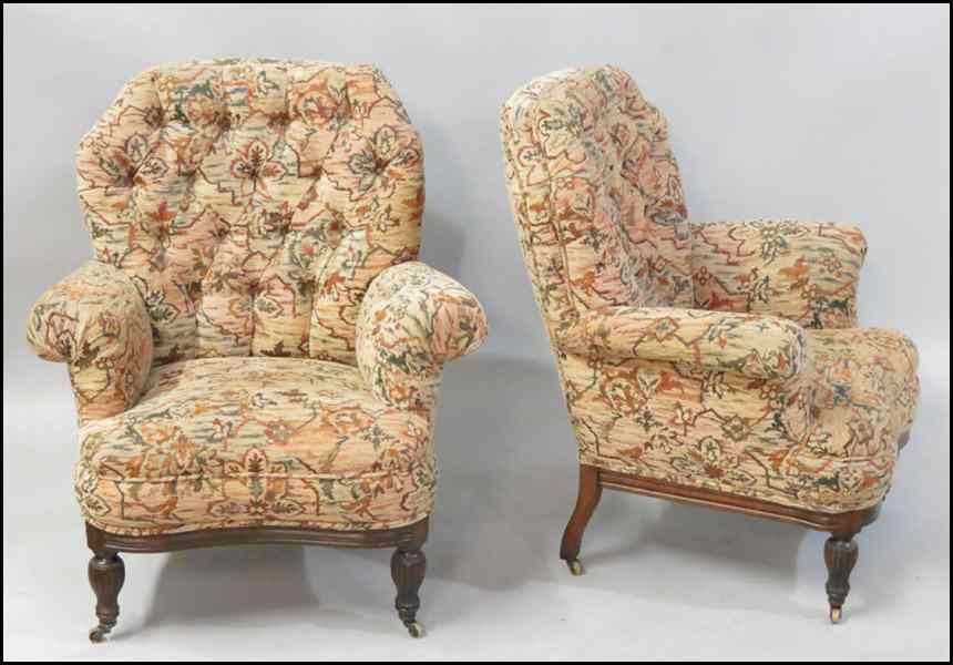 Appraisal: PAIR OF UPHOLSTERED CHAIRS Raised on turned mahogany feet Back