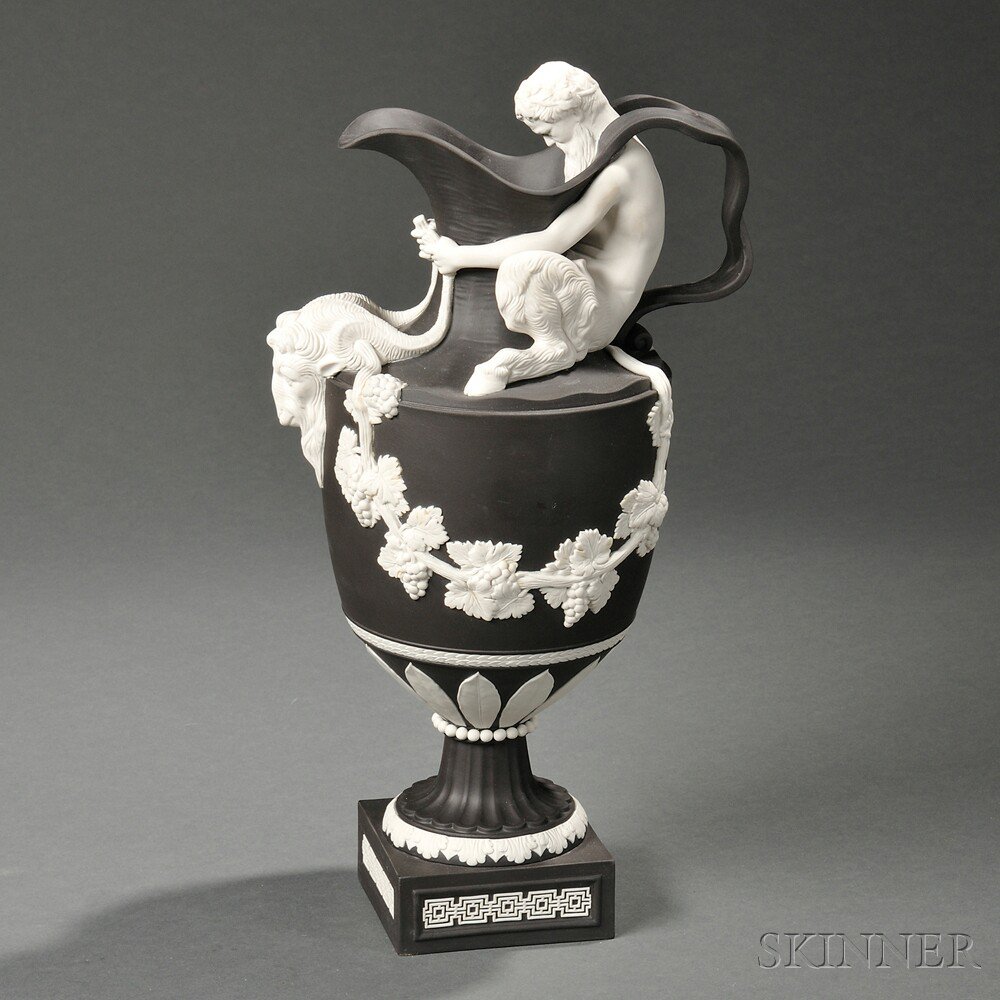 Appraisal: Modern Wedgwood Solid Black Jasper Wine Ewer England applied white