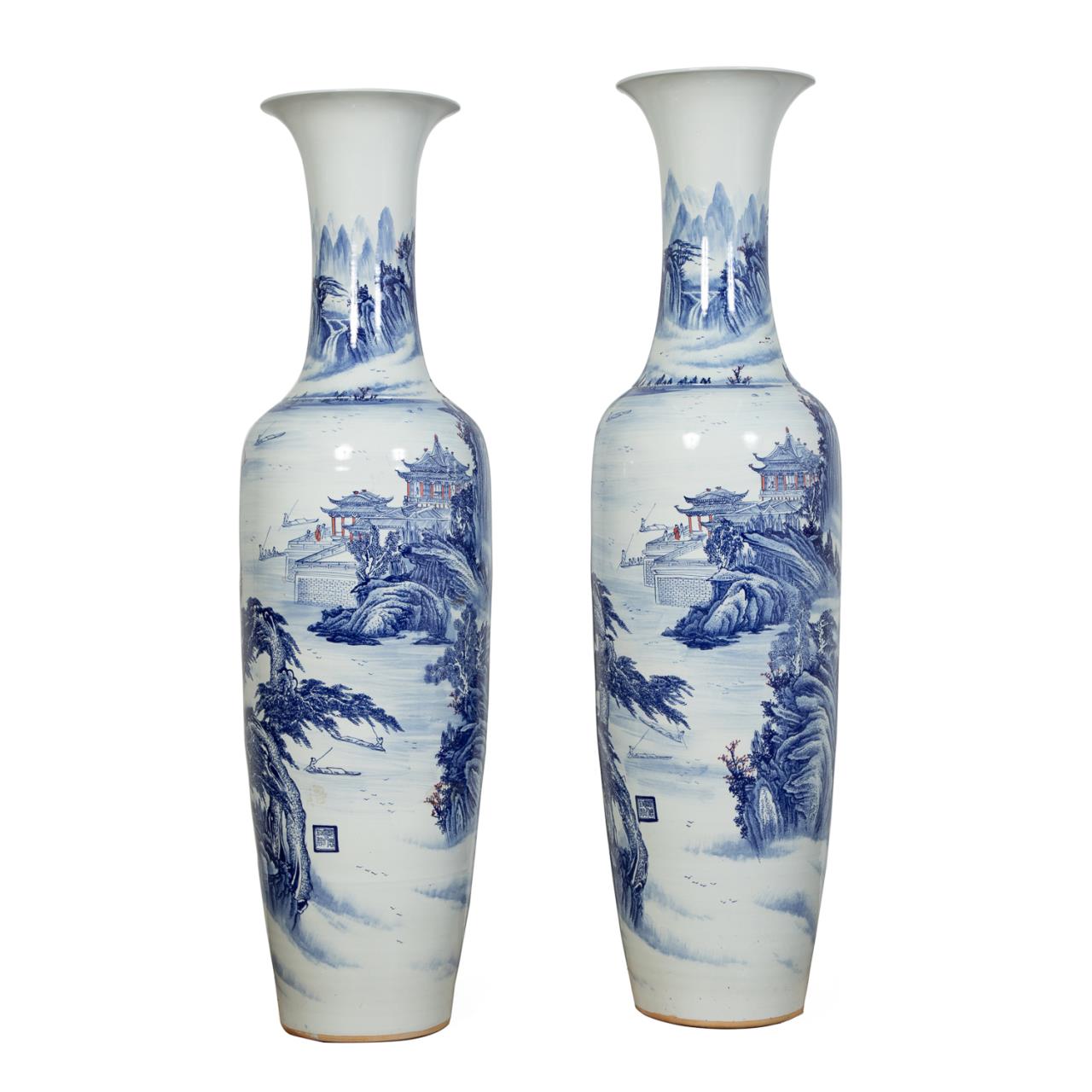 Appraisal: PAIR OF TALL CHINESE BLUE WHITE FLOOR VASES Pair of