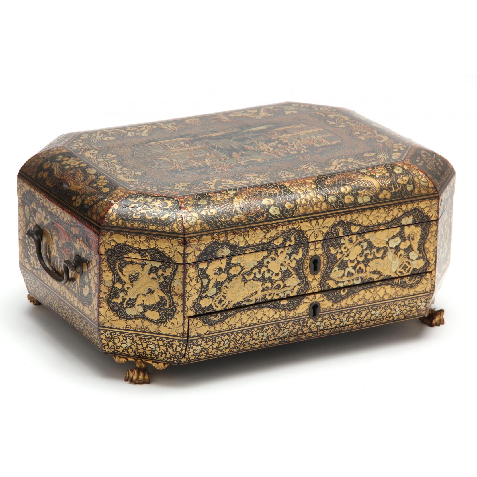 Appraisal: Chinese Export Lacquer Sewing Box late th-early th century decorated