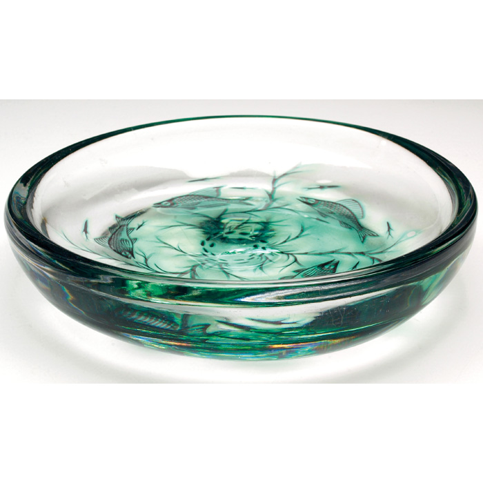 Appraisal: Orrefors Graal bowl round form in green glass with decoration