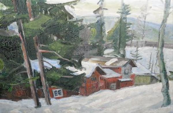 Appraisal: Lard Iorde Norwegian Buildings in a winter landscape Oil on