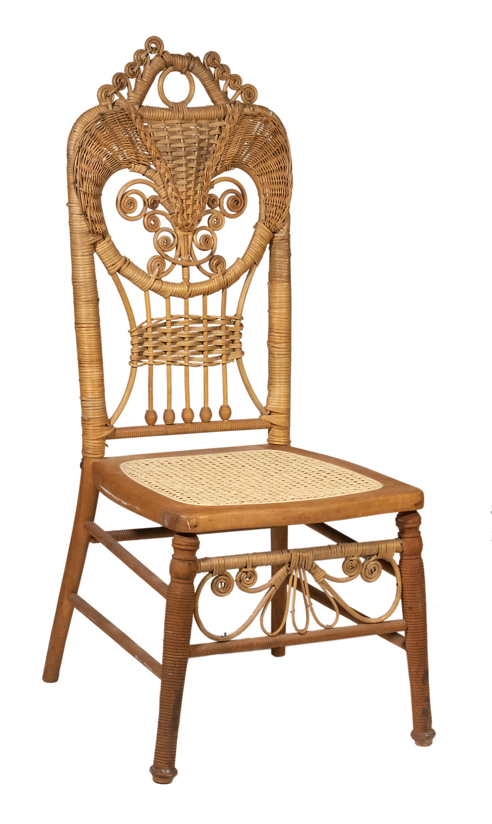 Appraisal: VICTORIAN NATURAL WICKER FANCY SIDECHAIR Ladies Chair with spit curl