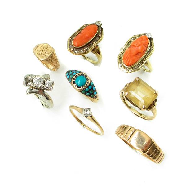 Appraisal: A collection of gem-set and gold rings including one three