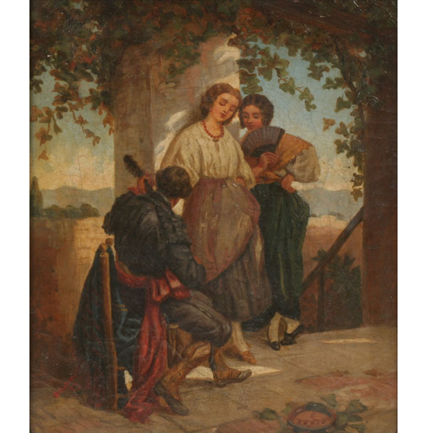 Appraisal: A scene of a musician serenading two women oil on