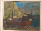 Appraisal: Oil on panel 'Boat on the Seashore' signed monogram bottom