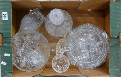 Appraisal: A box of Cut class decanters bowls sundae dishes etc