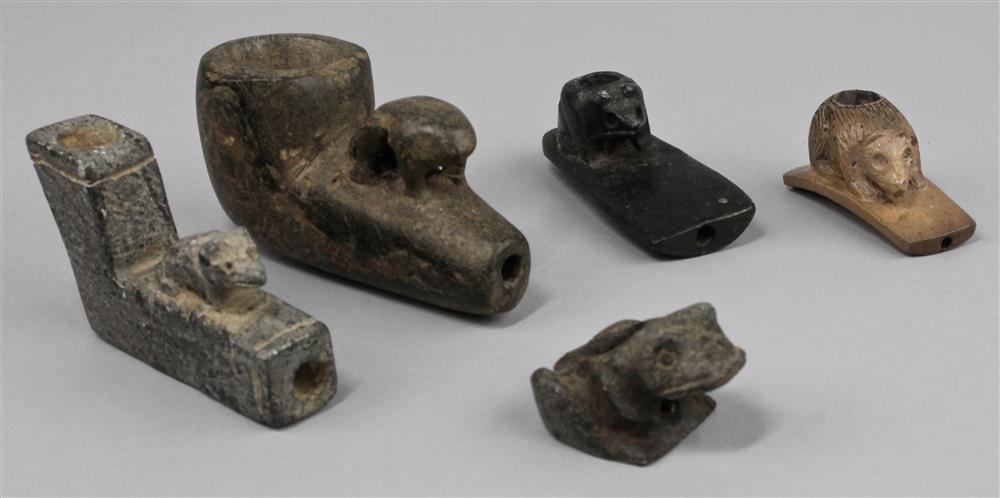 Appraisal: FIVE STEATITE AND CATLINITE ANIMAL EFFIGY PIPES th C reproductions