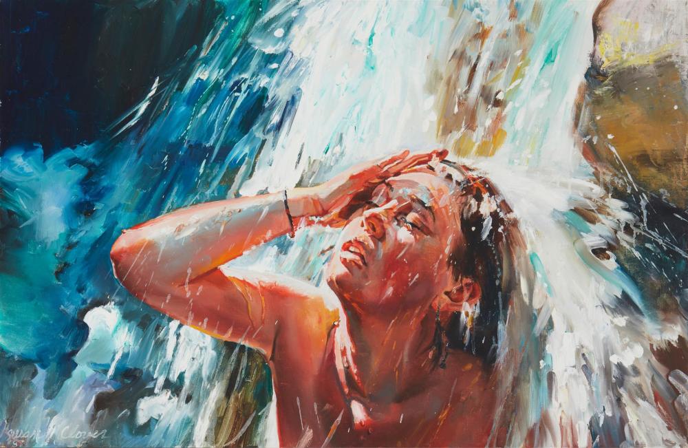 Appraisal: Susan Clover b American Young woman beneath a waterfall Oil