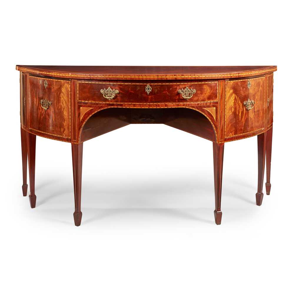 Appraisal: A GEORGIAN STYLE MAHOGANY AND SATINWOOD CROSSBANDED BOWFRONT SIDEBOARD MID