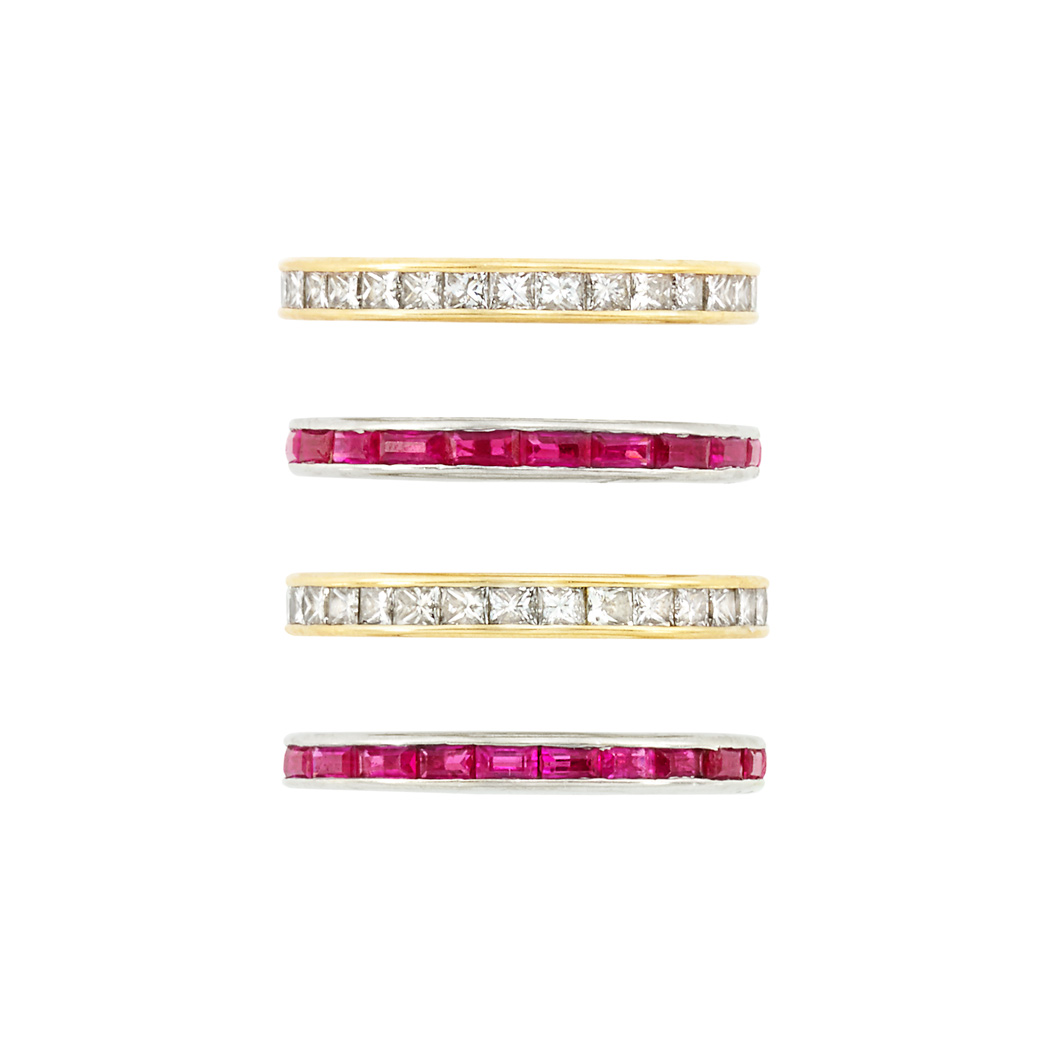 Appraisal: Four White Gold Gold Ruby and Diamond Guard Rings princess-cut