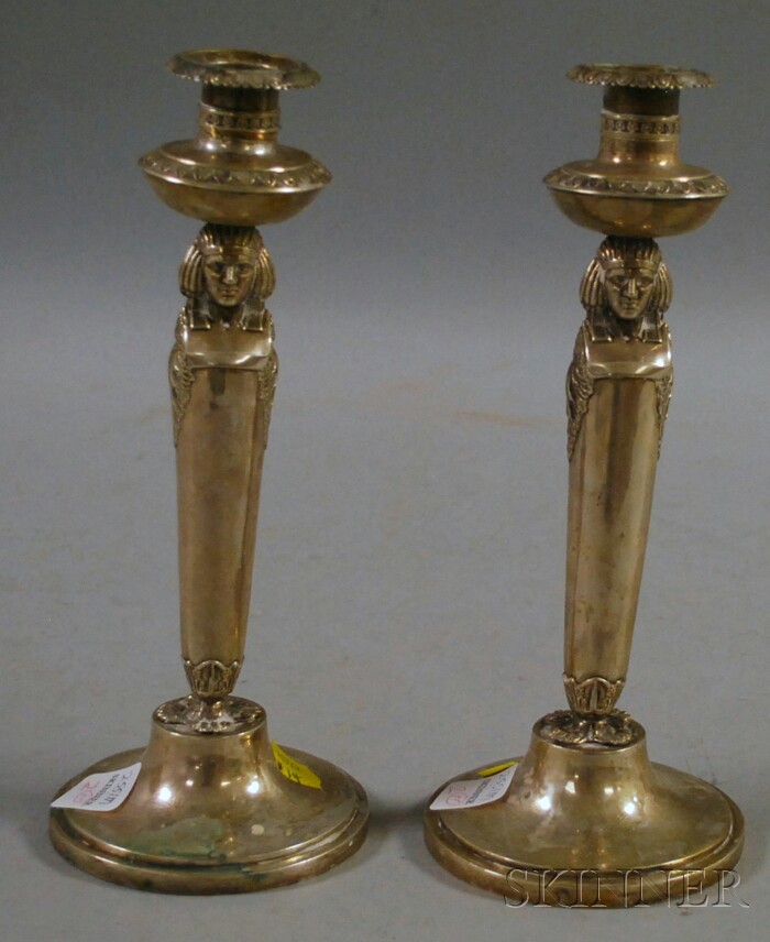 Appraisal: Pair of Weishaupt Silver Egyptian Revival Candlesticks ht in