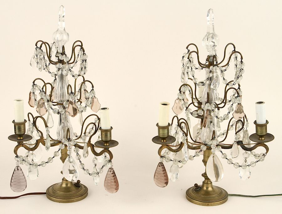 Appraisal: PAIR LOUIS XV STYLE BRASS CRYSTAL LAMPS A pair of