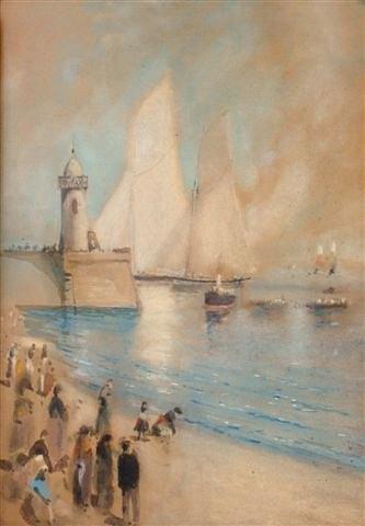 Appraisal: JAMES KAY - - Beach scene with boats off a