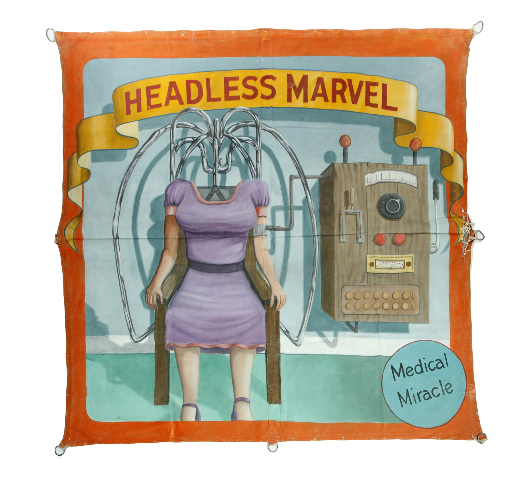 Appraisal: CIRCUS SIDE SHOW BANNER HEADLESS MARVEL MEDICAL MIRACLE American th