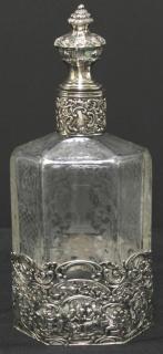 Appraisal: German Silver Etched Crystal Decanter Finely incised with birds urns