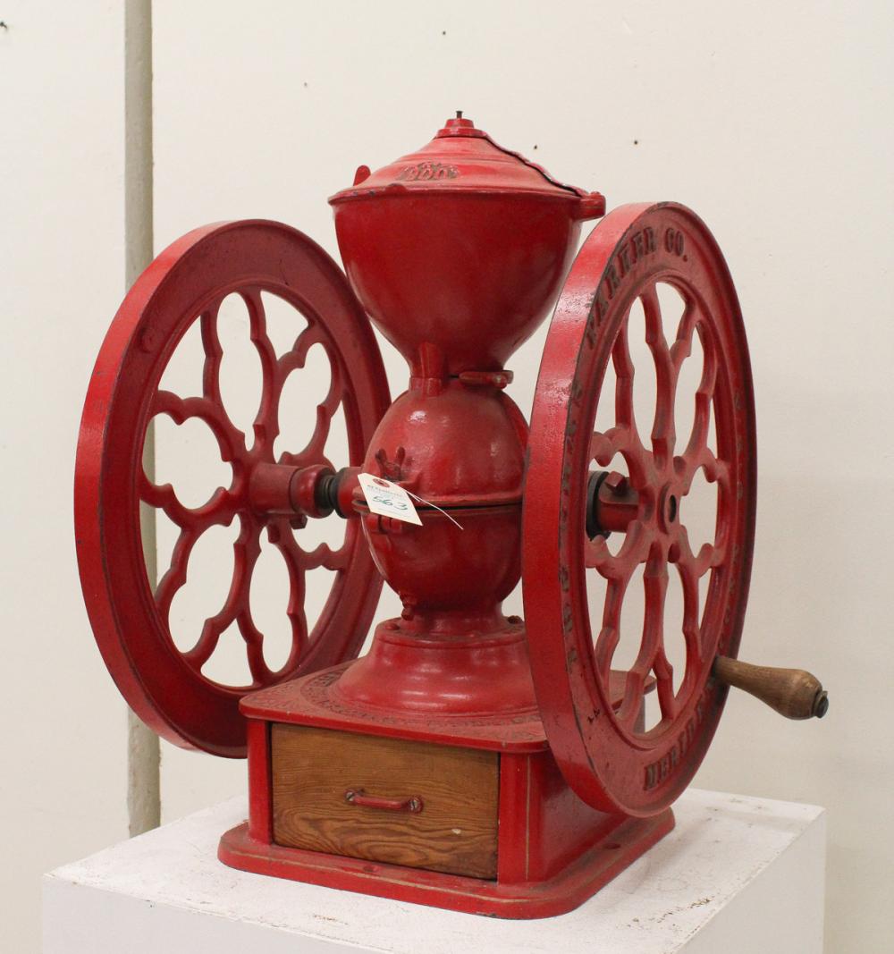 Appraisal: CAST IRON DOUBLE-WHEEL COFFEE MILL GRINDER The Cha's Parker Co