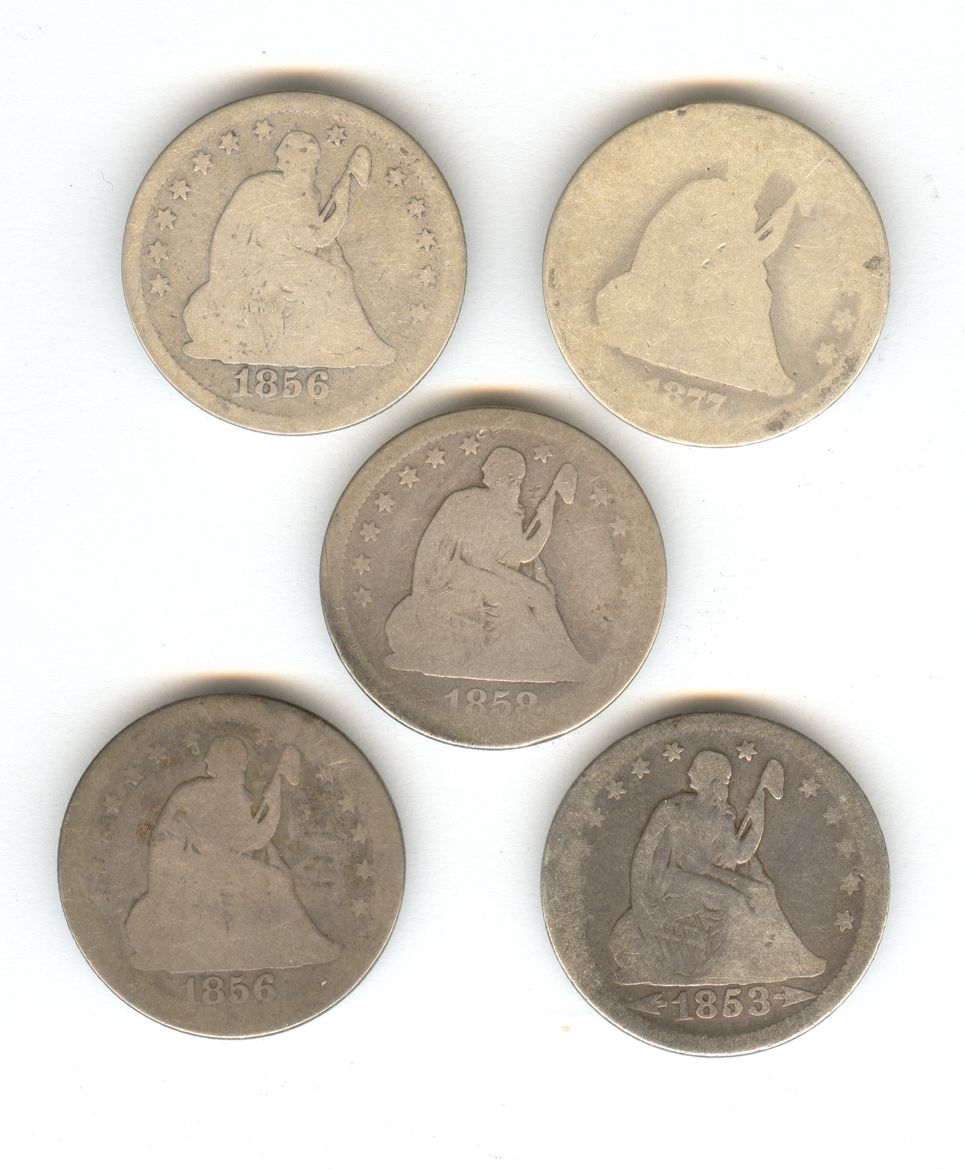 Appraisal: FIVE U S SEATED LIBERTY QUARTERS Estate coins d -c