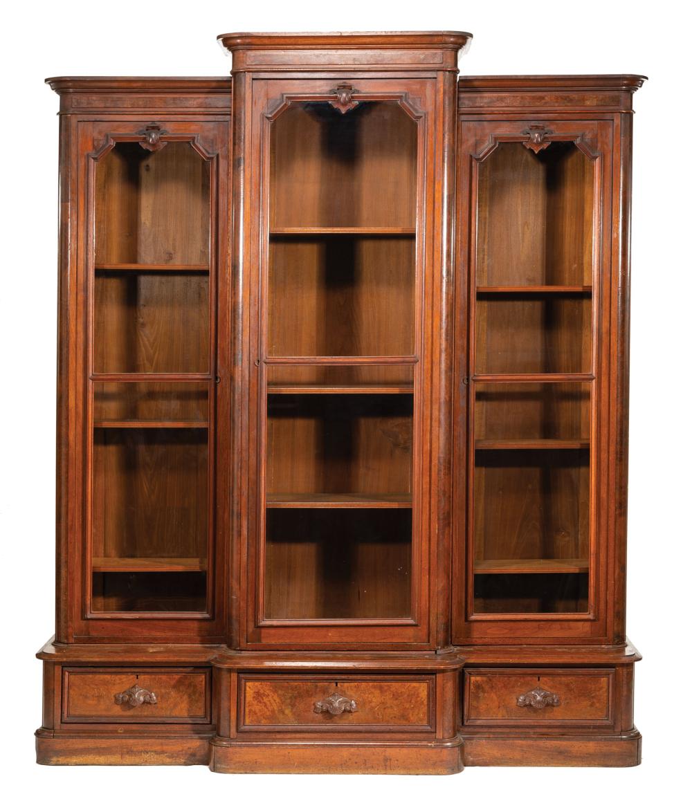 Appraisal: American Burled Walnut Three-Part Bibliotheque late th c breakfront form