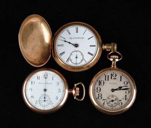 Appraisal: THREE GOLD FILLED POCKET WATCHES Hamden Watch Co open face