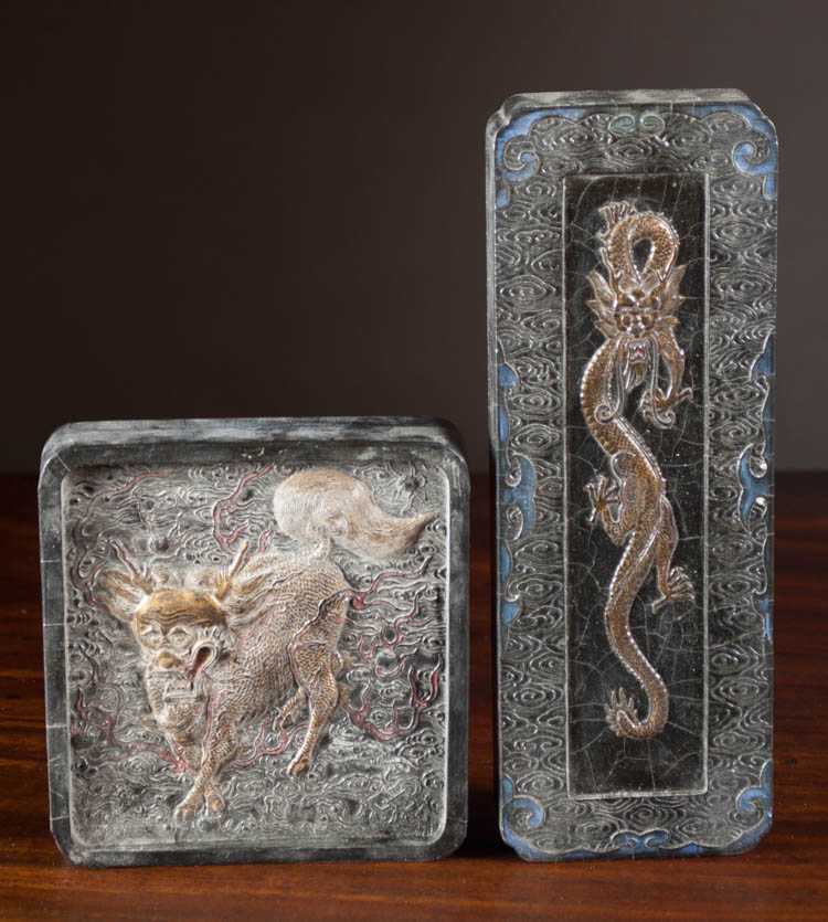 Appraisal: TWO CHINESE CASED INK CAKES one oblong form with dragon