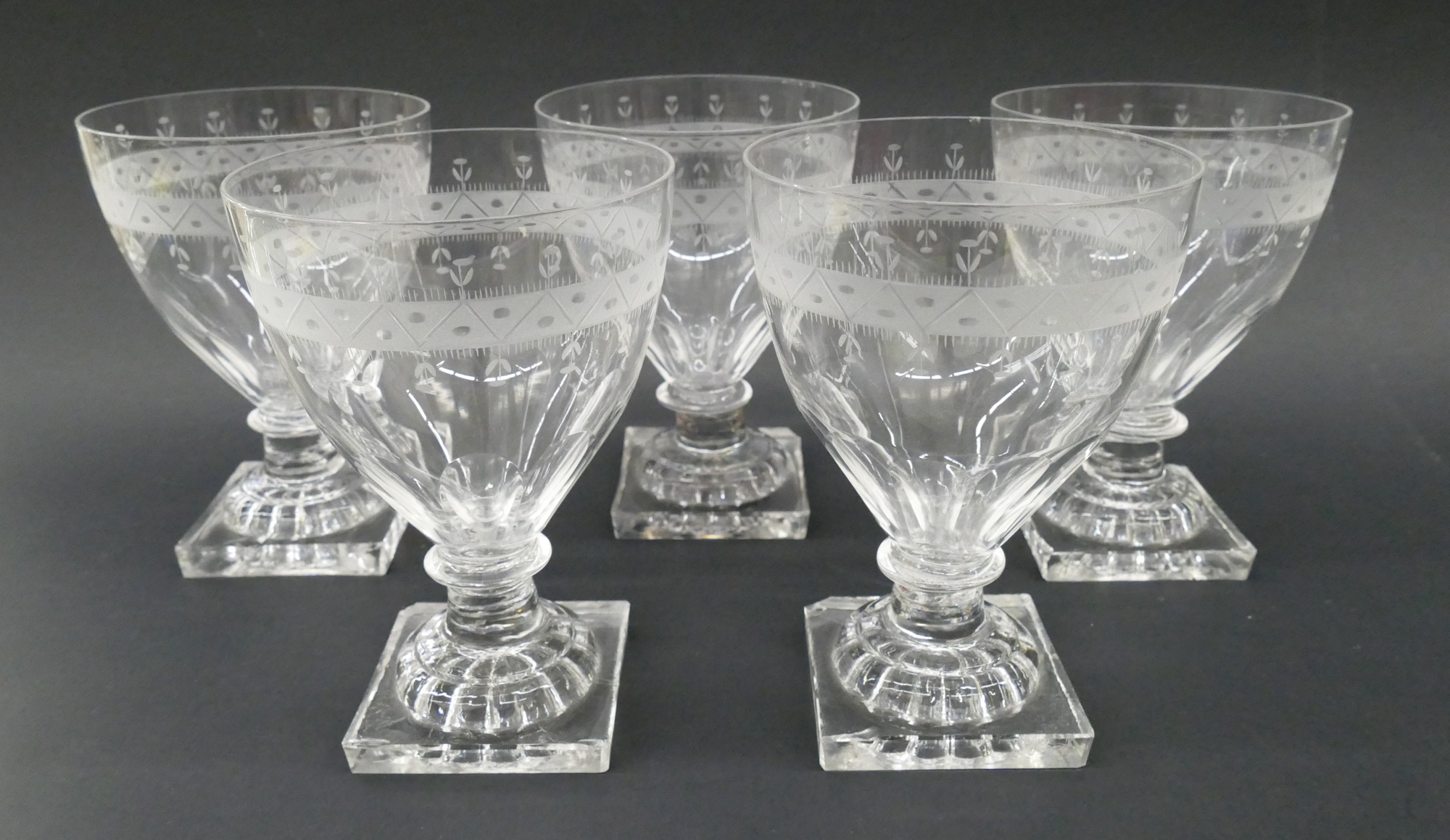 Appraisal: pc Set English Engraved Tulip Motif Banded Rummers circa early