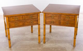 Appraisal: Fruitwood Parquetry Top End Tables Pair Pair of fruitwood end