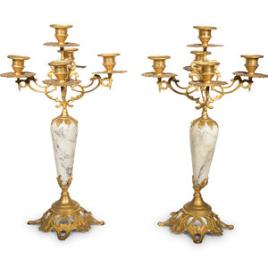 Appraisal: A Pair of Continental Gilt Bronze and Marble Five-Light Candelabra