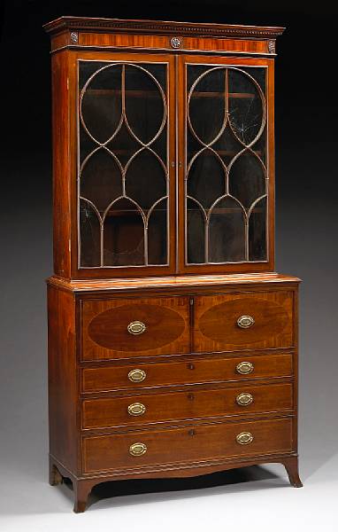 Appraisal: A George III mahogany and satinwood secretary bookcase late th