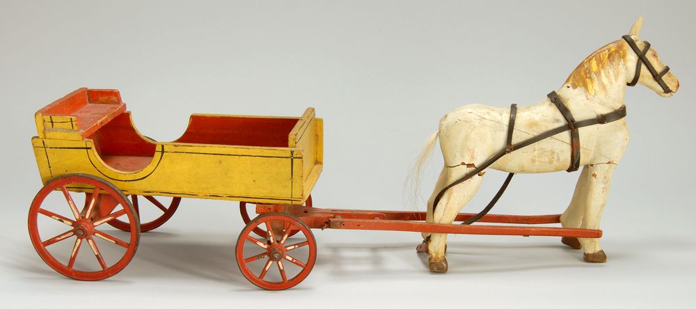 Appraisal: CHILD'S PAINTED WOODEN HORSE-DRAWN CART PULL-TOY Circa Horse painted white