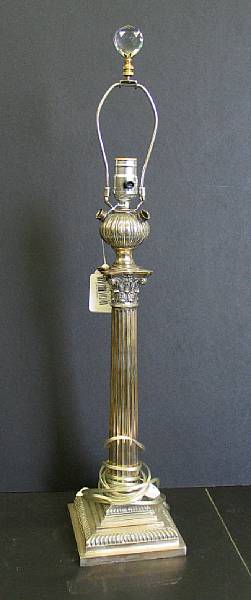 Appraisal: An English silver plated columnar table lamp early th century