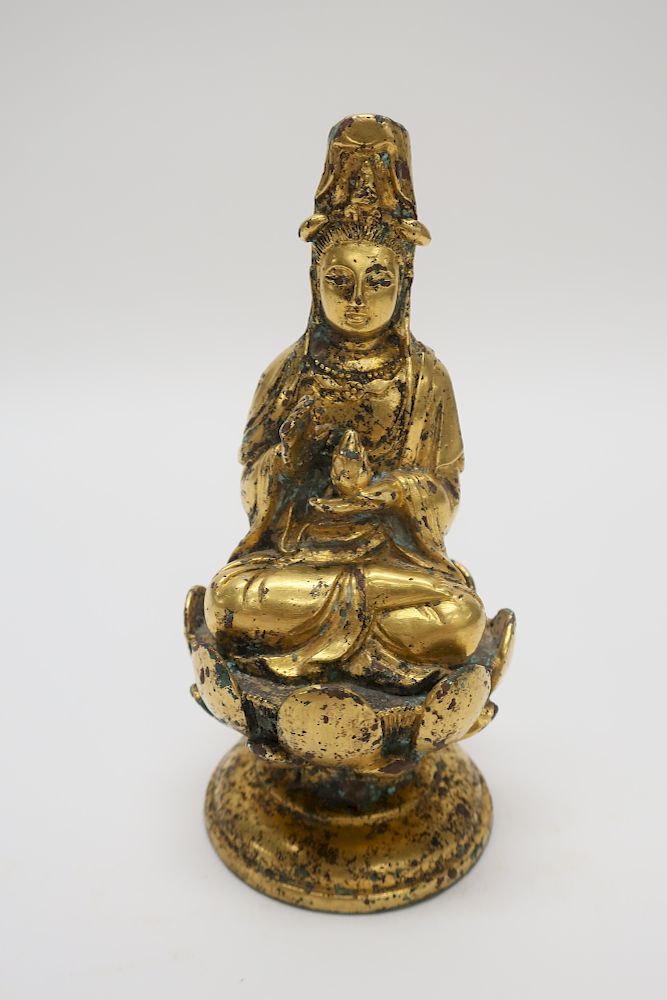 Appraisal: Sino-Tibetan Seated Gilt Bronze Guanyin H x W HINC WT