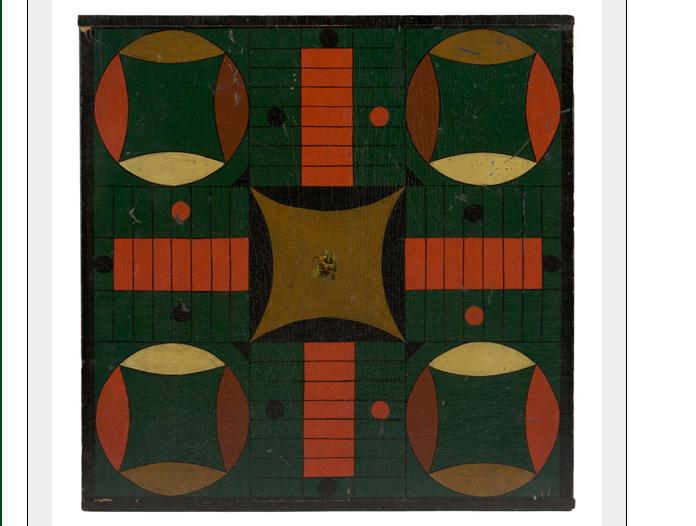 Appraisal: AMERICAN GREEN RED WHITE AND BLUE PAINTED PARCHESI GAME BOARD