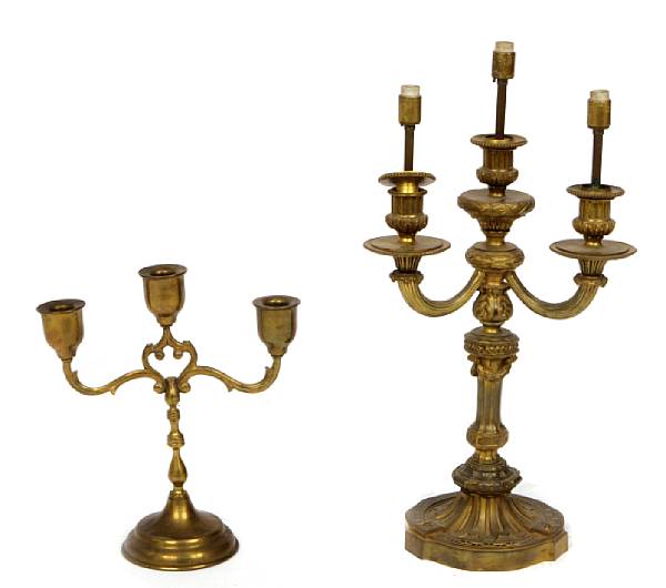 Appraisal: A pair of Louis XVI style gilt bronze three light