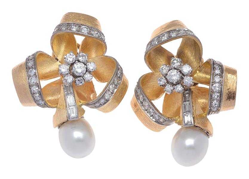 Appraisal: A PAIR OF DIAMOND AND PEARL COCKTAIL EARRINGS Each earring