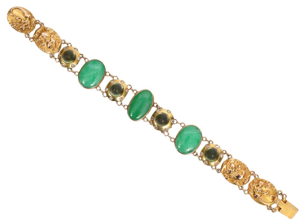 Appraisal: K YG DIAMOND JADE MERMAID LINK BRACELETArt nouveau style K